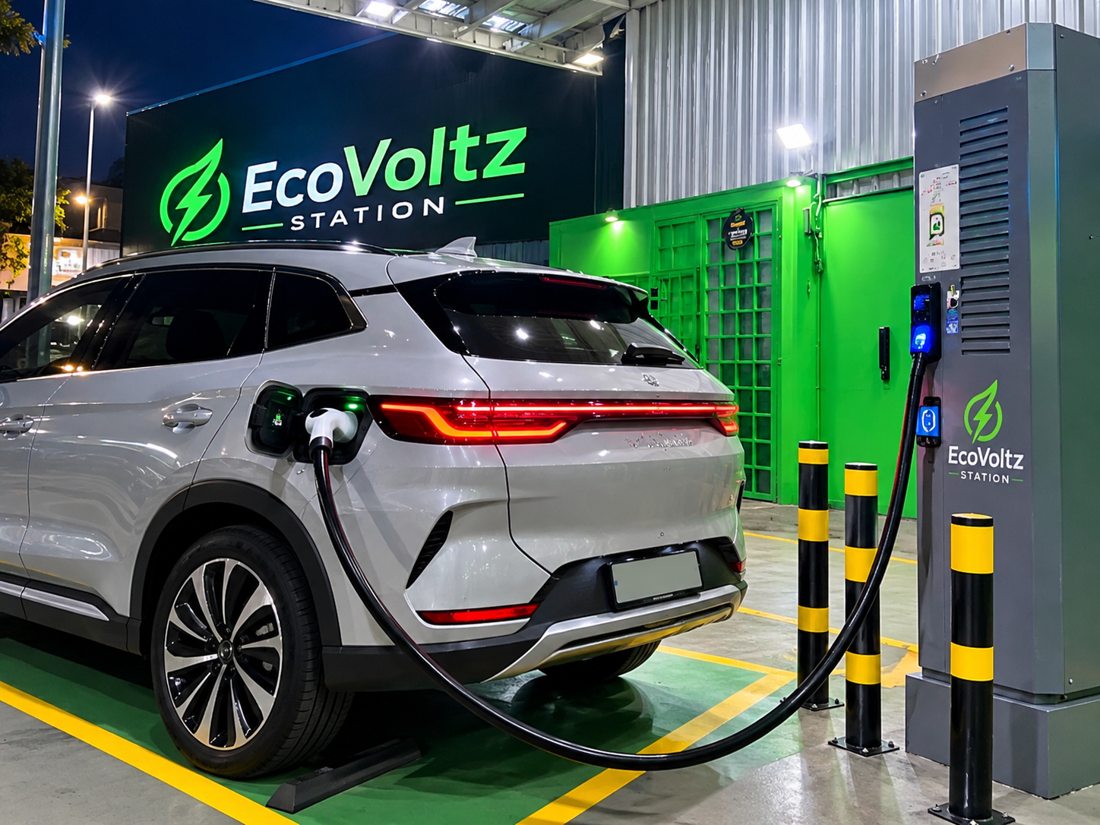 Veículos elétricos carregando na EcoVoltz Station